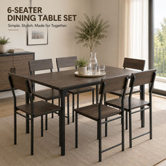 Modern Industrial 6-Seater Dining Table Set with Teak Finish Wood & Metal Frame