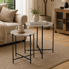 Set of 2 Round Nesting Tables – Finish Coffee & Side Tables with Metal Frame