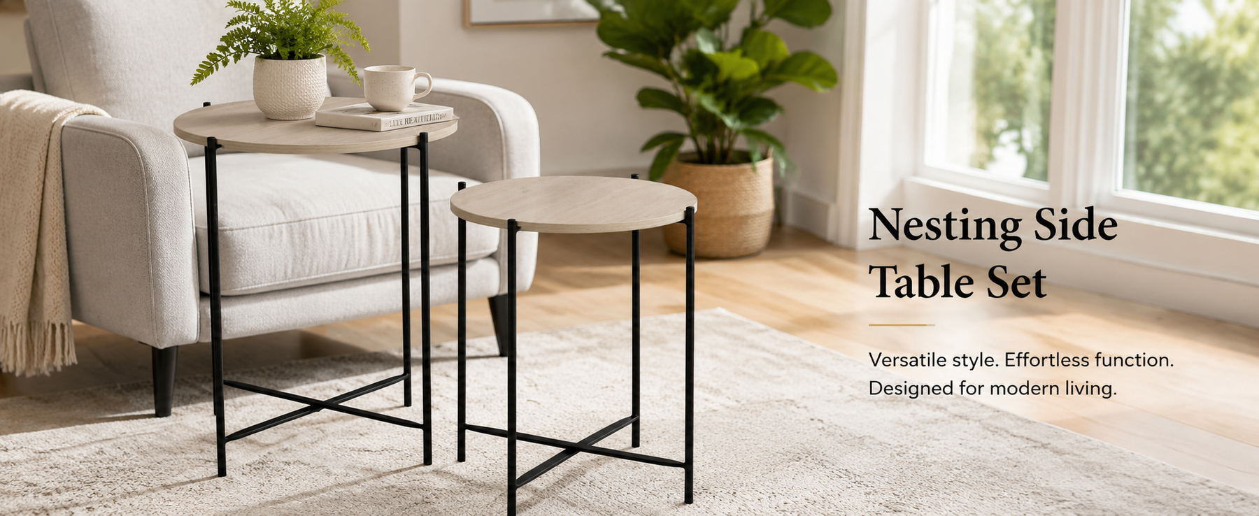 Set of 2 Round Nesting Tables – Finish Coffee & Side Tables with Metal Frame