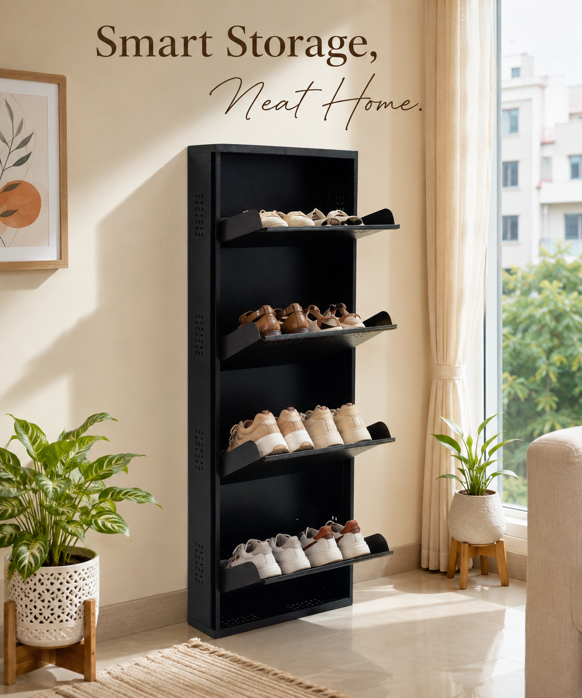 4-Tier Wall-Mounted Vertical Metal Shoe Rack with Slot Storage – Large Shoe Organizer