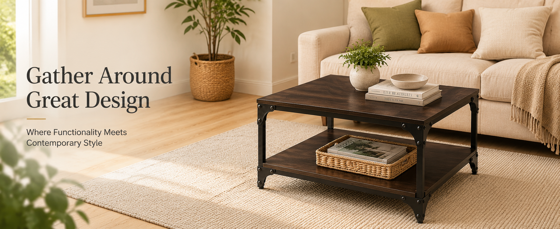 Modern Coffee Table with Storage Shelf – Wooden Finish Coffee Table for Living Room