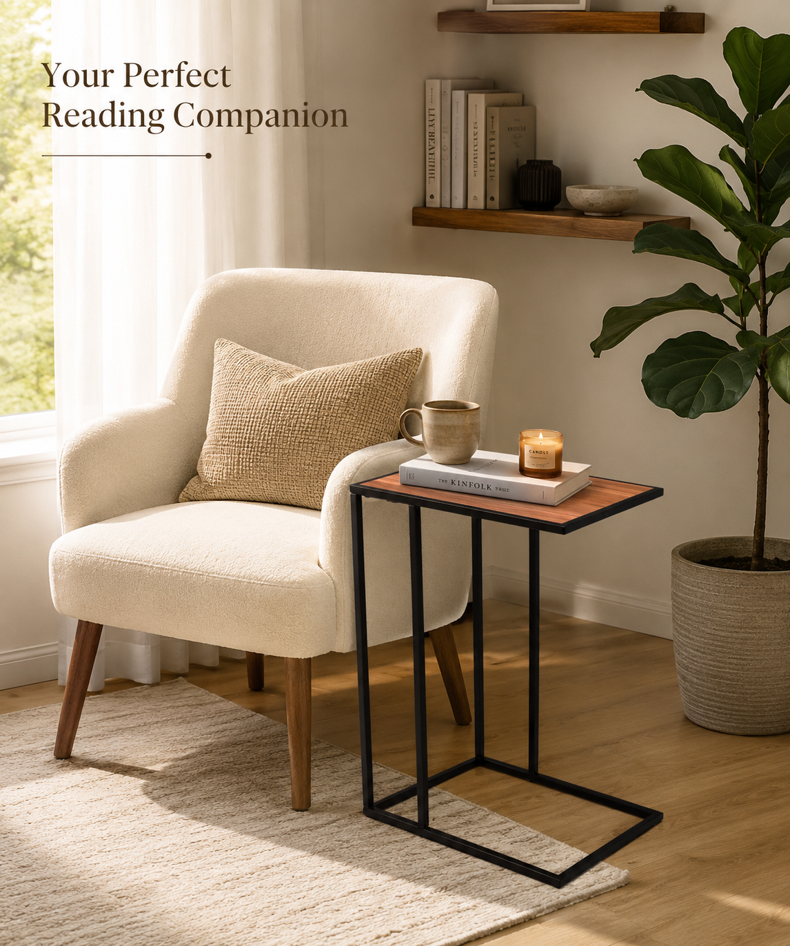 C-Shaped Side Table with Metal Frame –Laptop & Sofa Table for Living Room