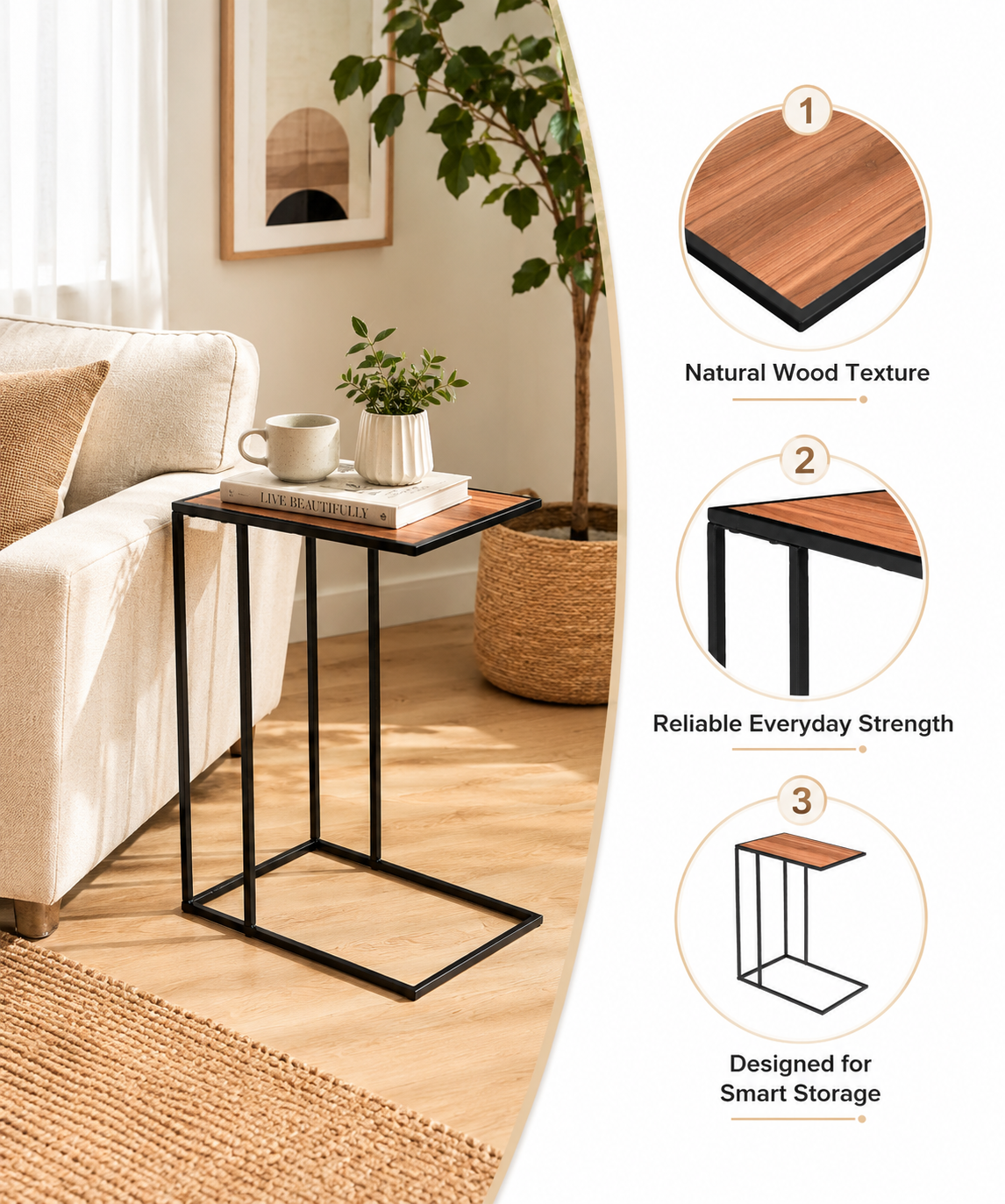 C-Shaped Side Table with Metal Frame –Laptop & Sofa Table for Living Room