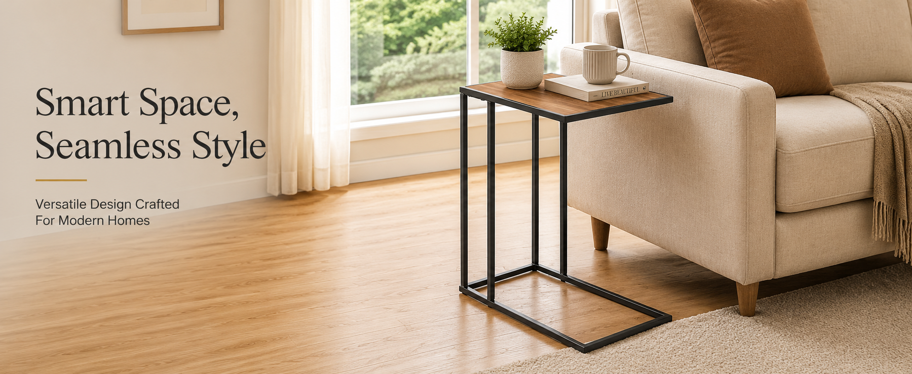 C-Shaped Side Table with Metal Frame –Laptop & Sofa Table for Living Room