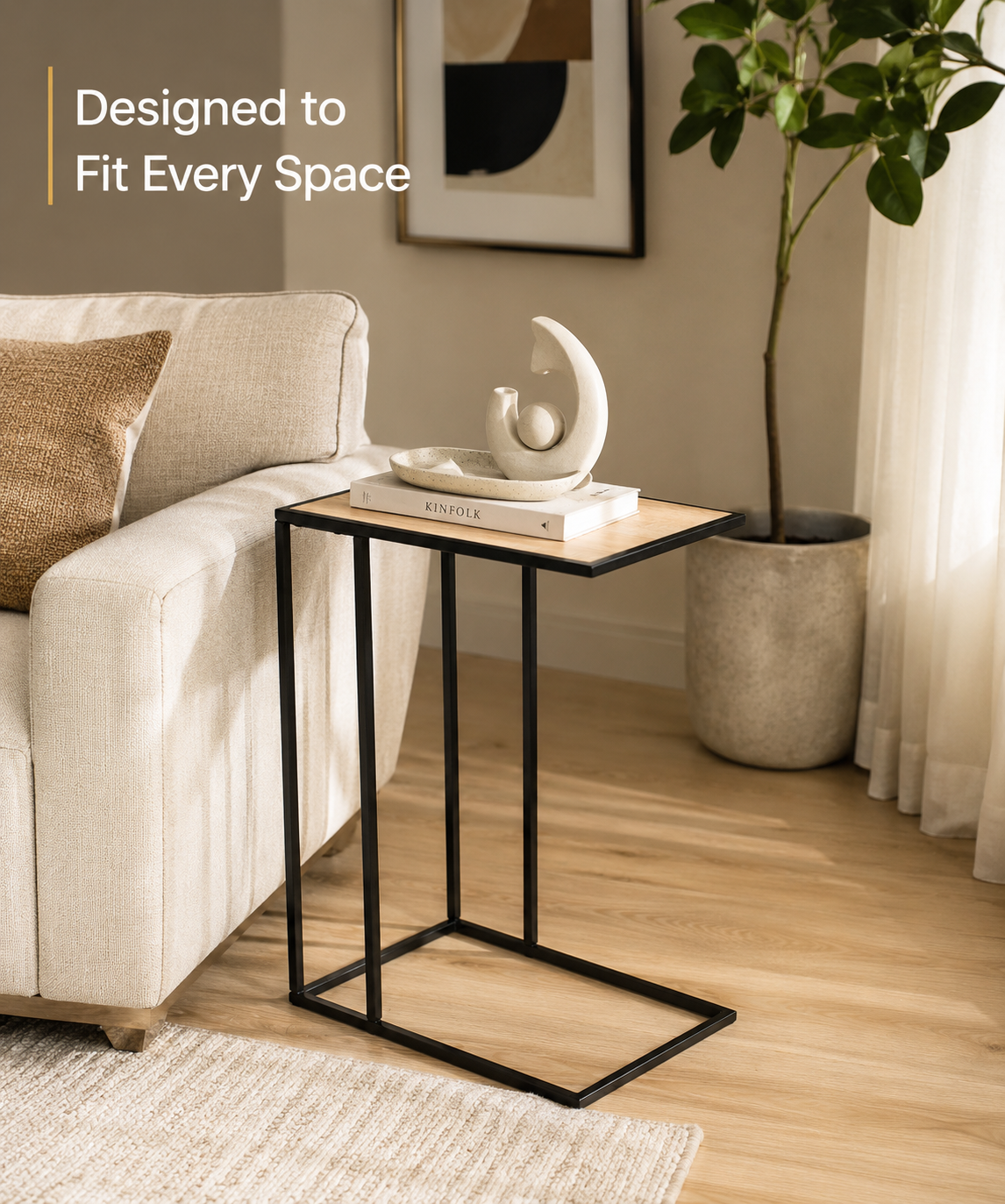 C-Shaped Side Table with Metal Frame –Laptop & Sofa Table for Living Room