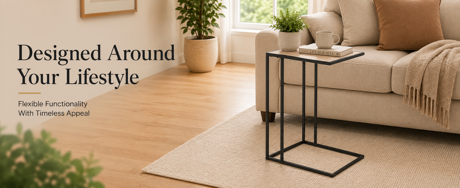 C-Shaped Side Table with Metal Frame –Laptop & Sofa Table for Living Room