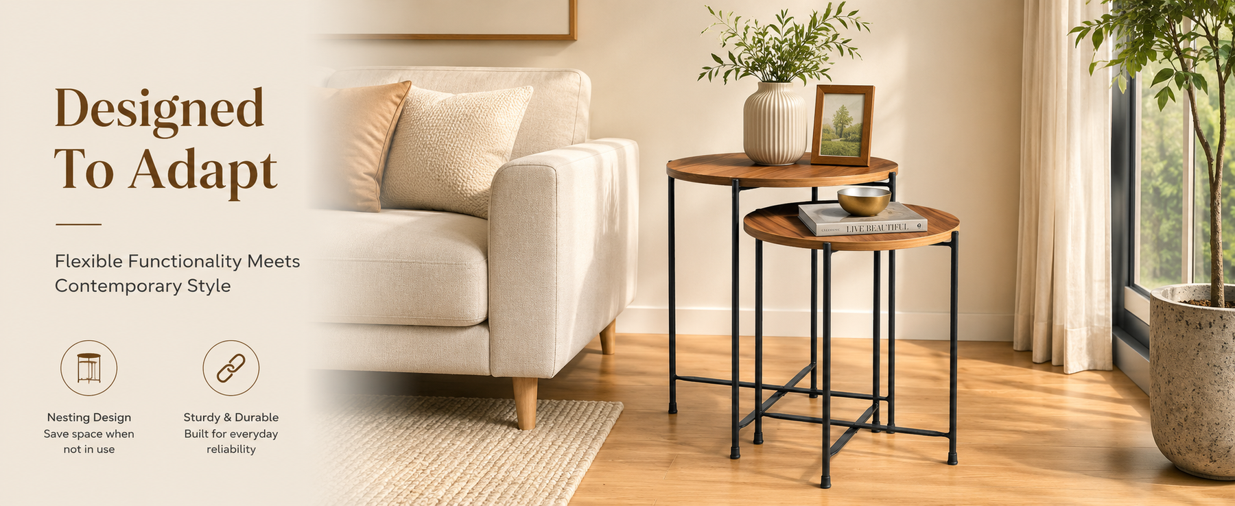 Set of 2 Round Nesting Tables – Finish Coffee & Side Tables with Metal Frame