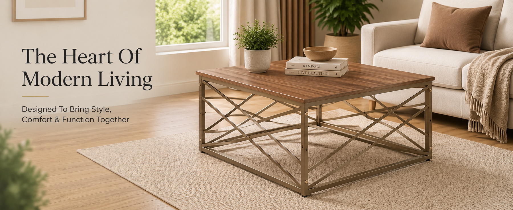 Modern Square Coffee Table with Metal Frame –  Finish Center Table for Living Room