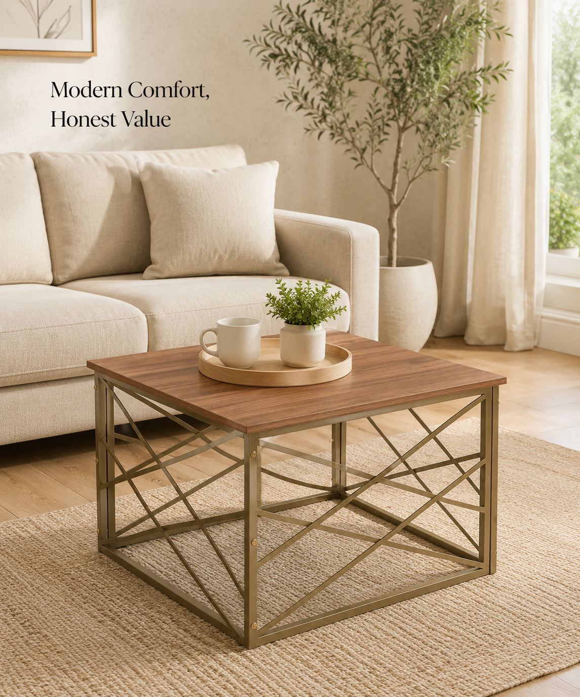 Modern Square Coffee Table with Metal Frame –  Finish Center Table for Living Room