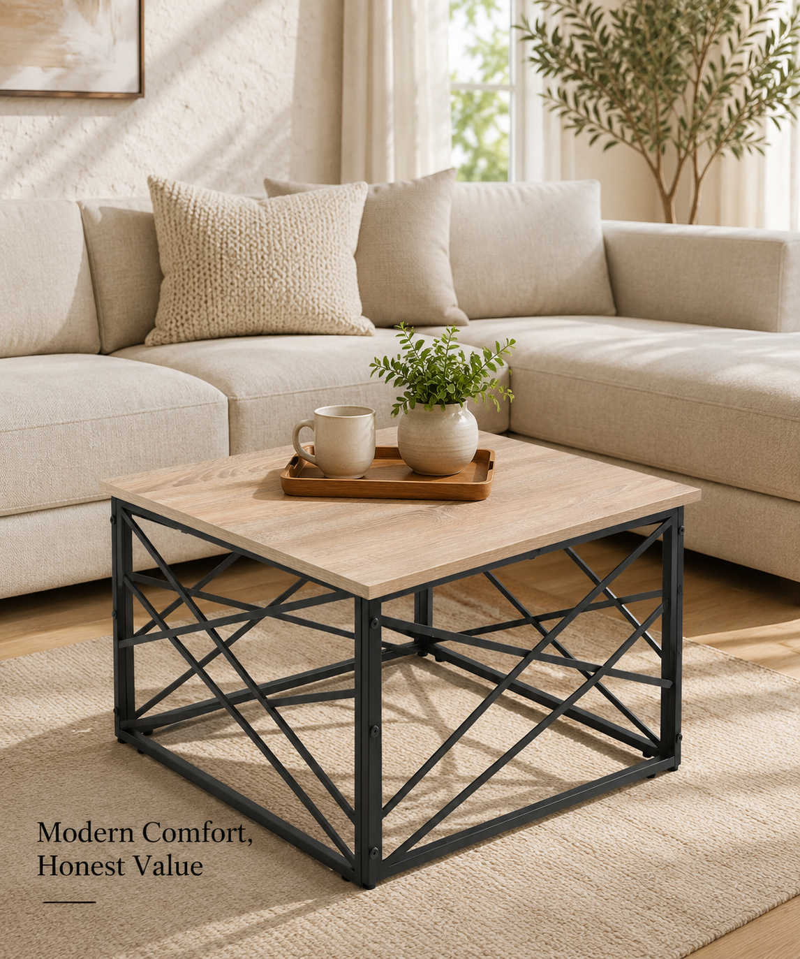 Modern Square Coffee Table with Metal Frame –  Finish Center Table for Living Room
