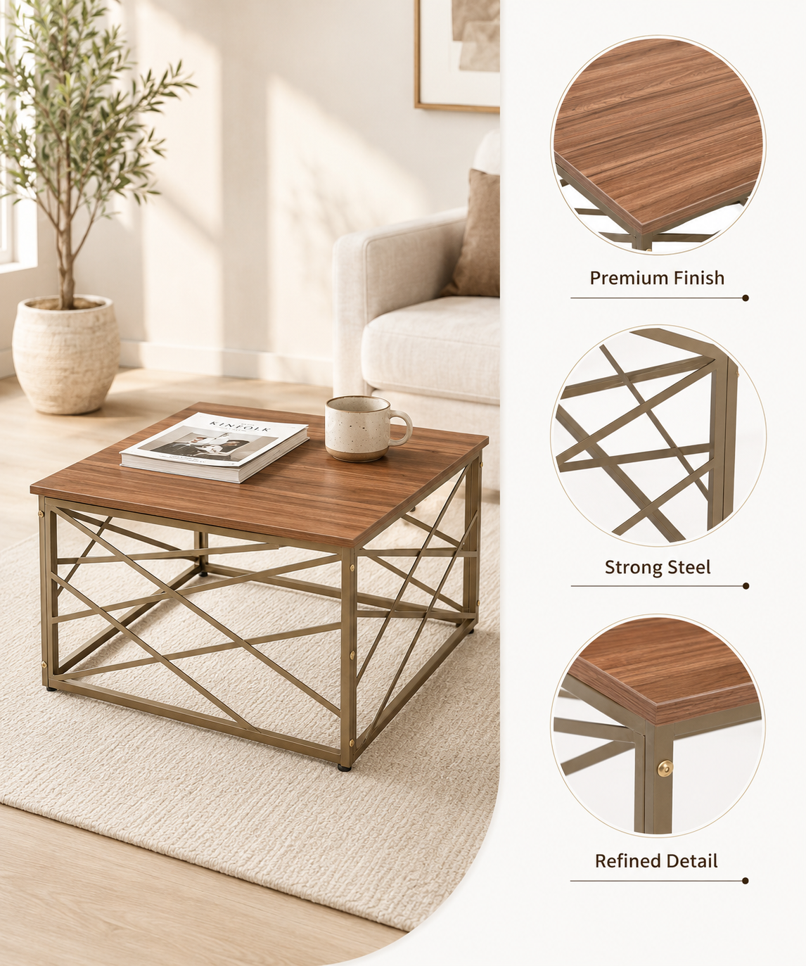 Modern Square Coffee Table with Metal Frame –  Finish Center Table for Living Room