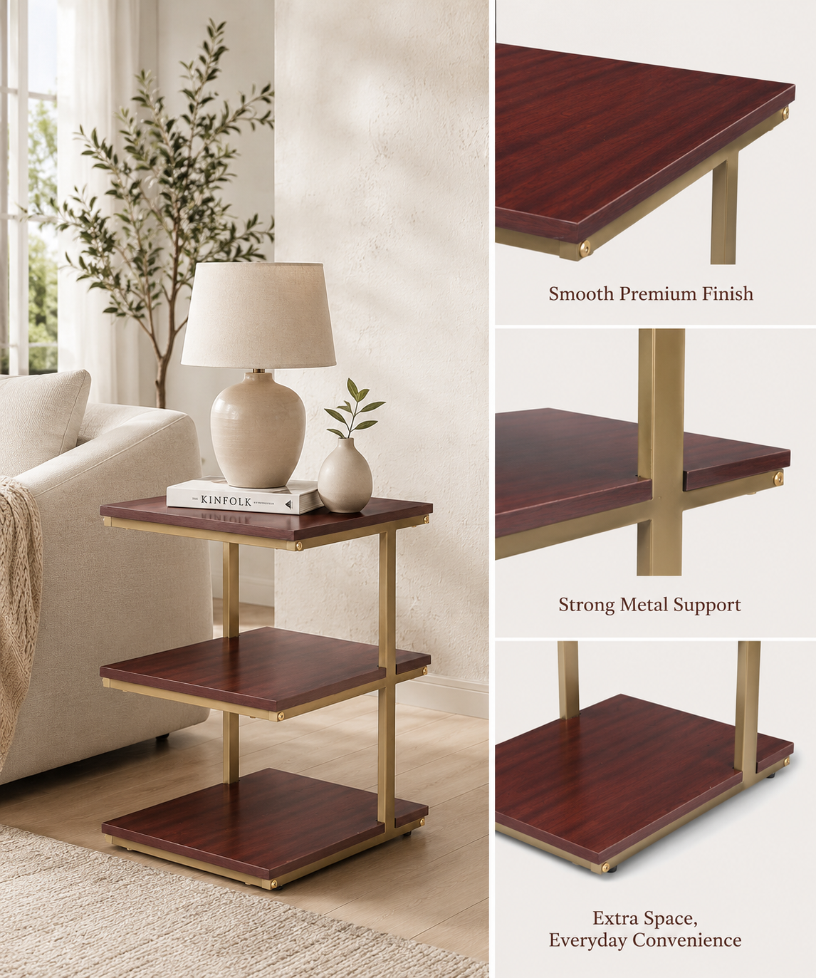 3-Tier Corner Display Shelf with Metal Frame – Mahogany Finish Storage Stand