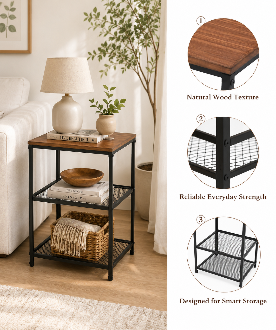 Modern Side Table with Metal Frame –  Table for Living Room & Bedroom