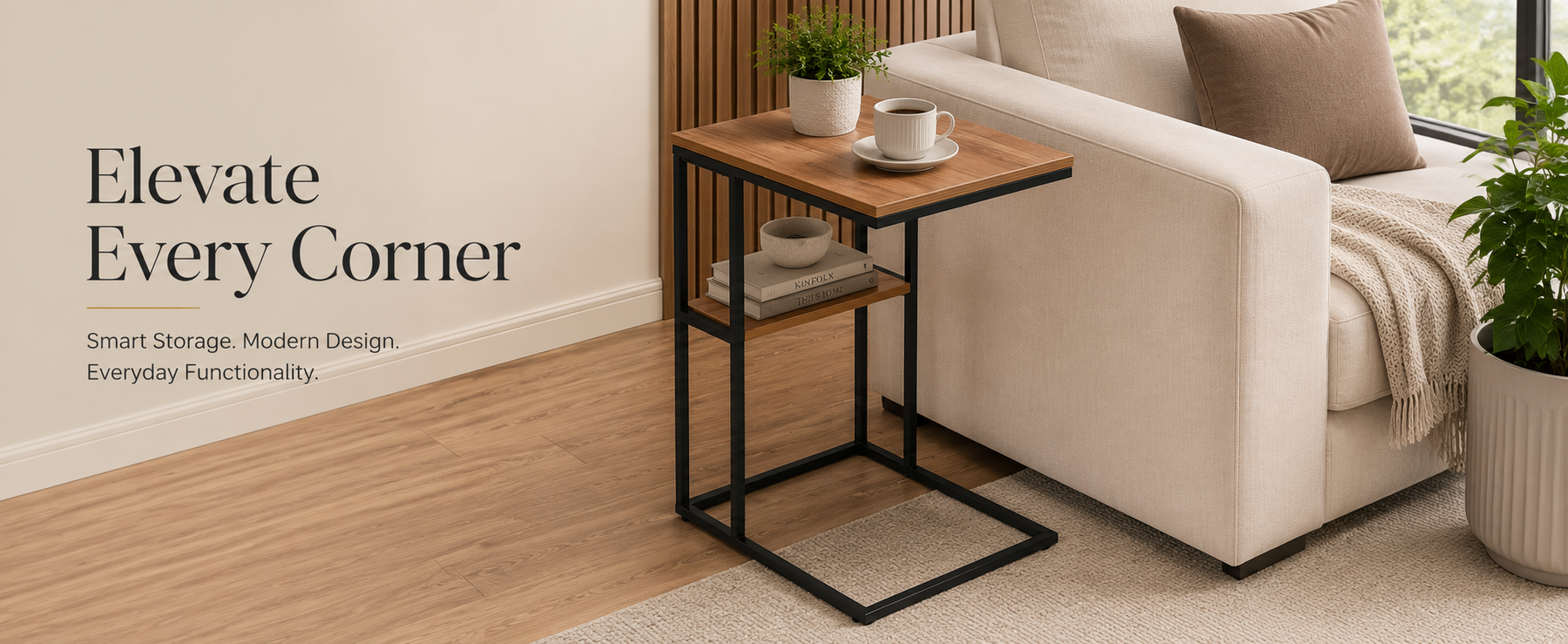 C-Shaped Side Table with Metal Frame – Sofa Laptop Table