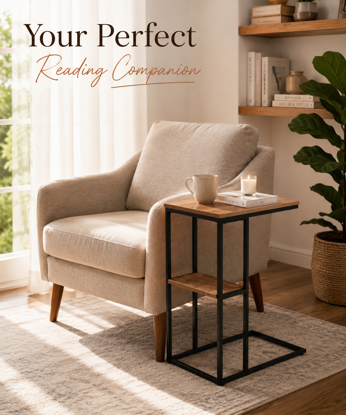 C-Shaped Side Table with Metal Frame – Sofa Laptop Table