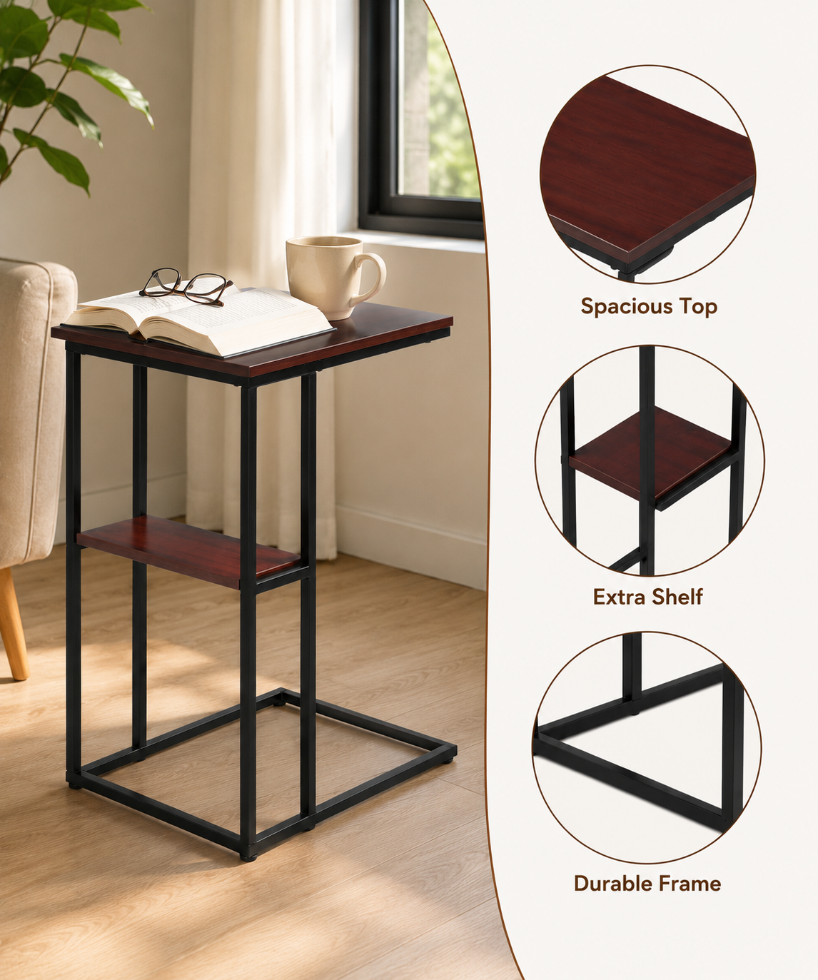 C-Shaped Side Table with Metal Frame – Sofa Laptop Table