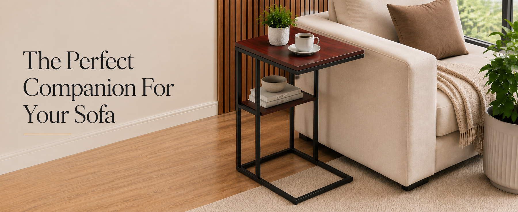 C-Shaped Side Table with Metal Frame – Sofa Laptop Table