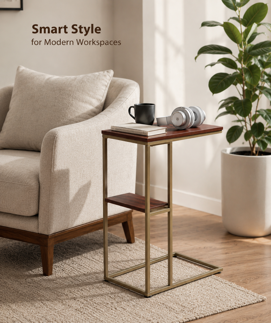 C-Shaped Side Table with Metal Frame – Sofa Laptop Table