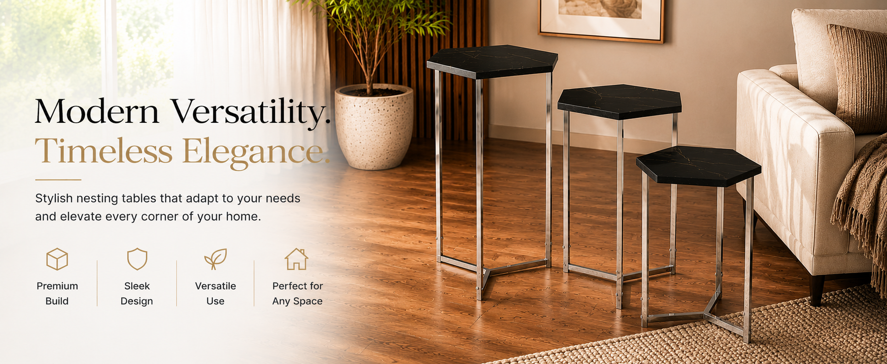 Set of 3 Nesting Table with Metal Frame – Multipurpose Seating Table