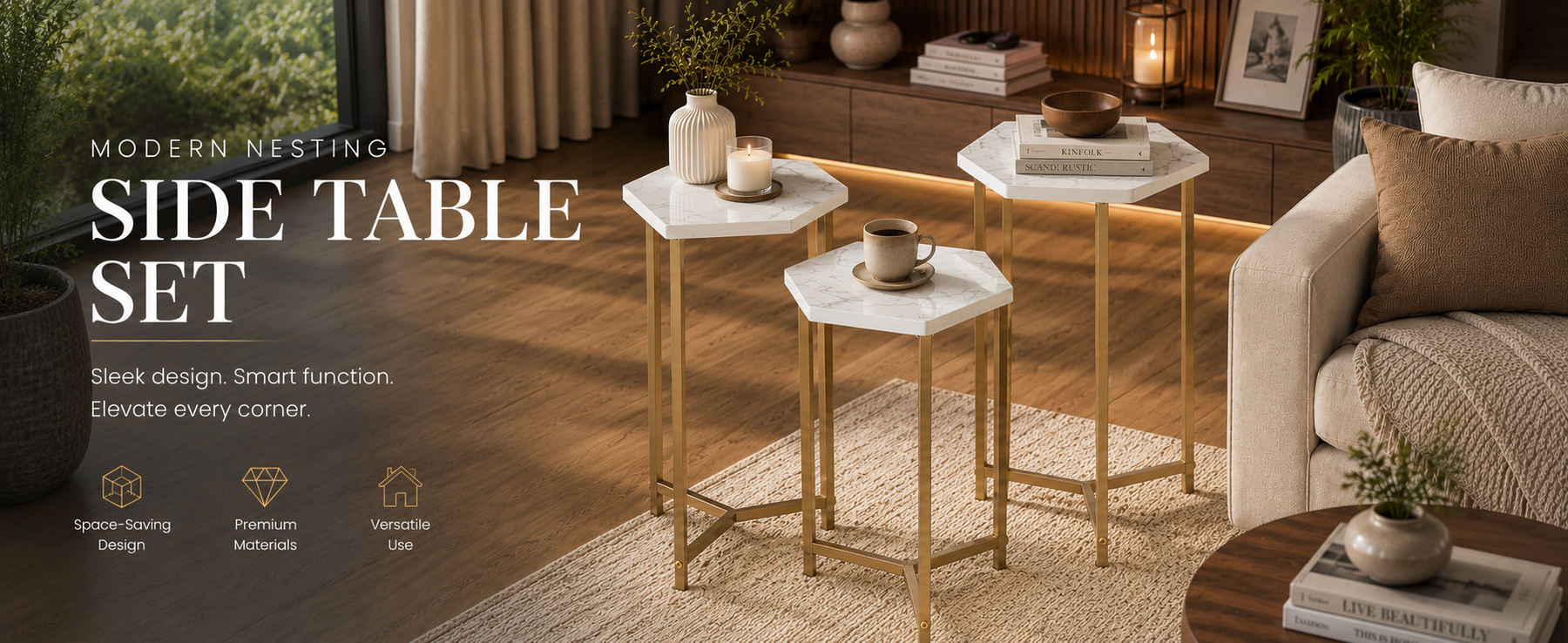 Set of 3 Nesting Table with Metal Frame – Multipurpose Seating Table
