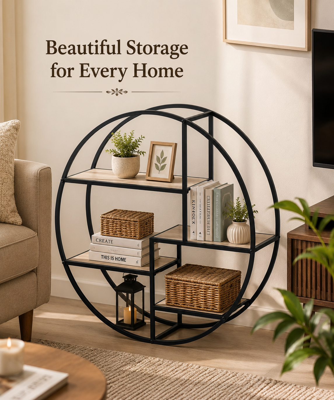 Round Display Shelf Unit with Metal Frame – Storage Shelf