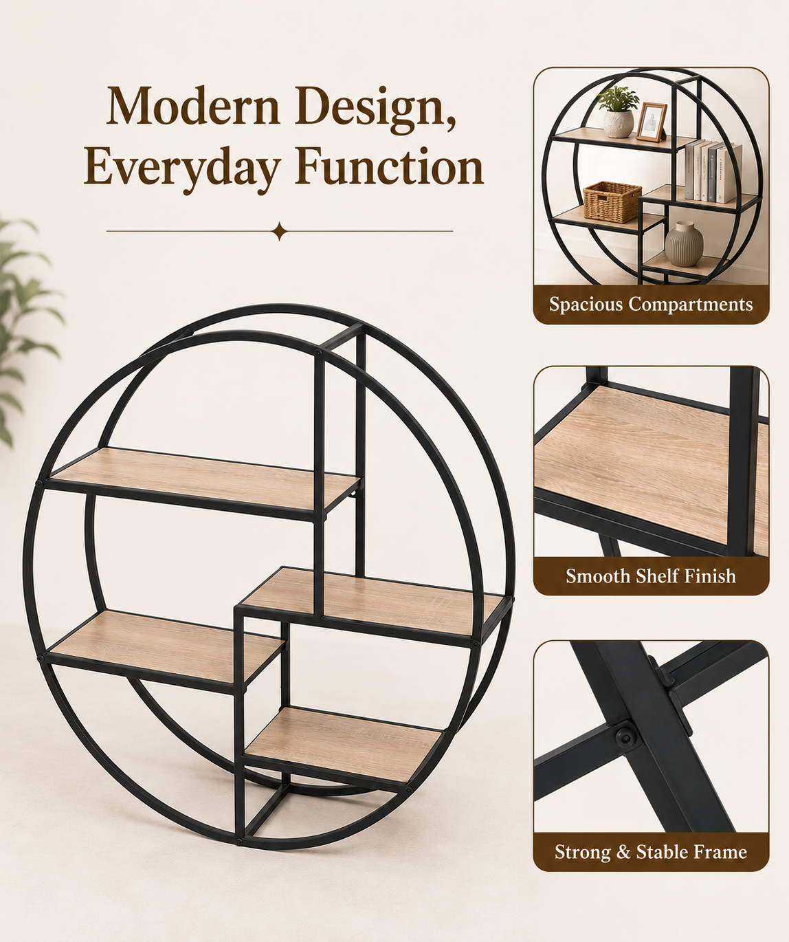 Round Display Shelf Unit with Metal Frame – Storage Shelf