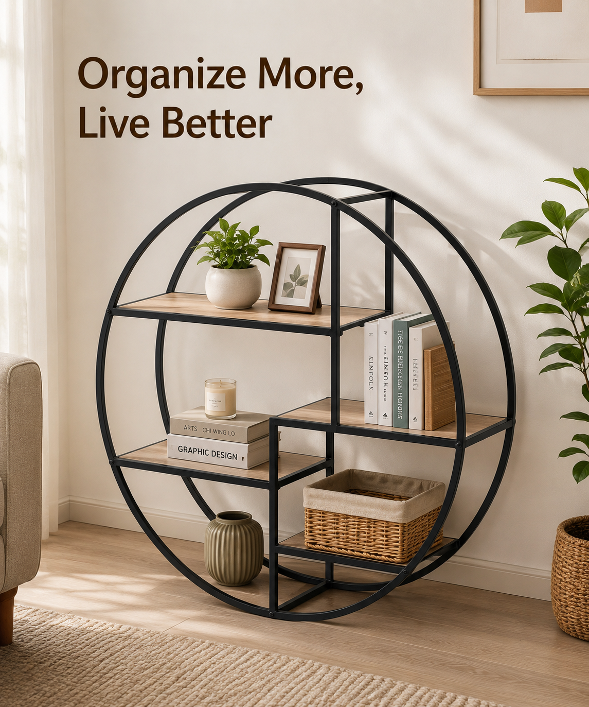 Round Display Shelf Unit with Metal Frame – Storage Shelf