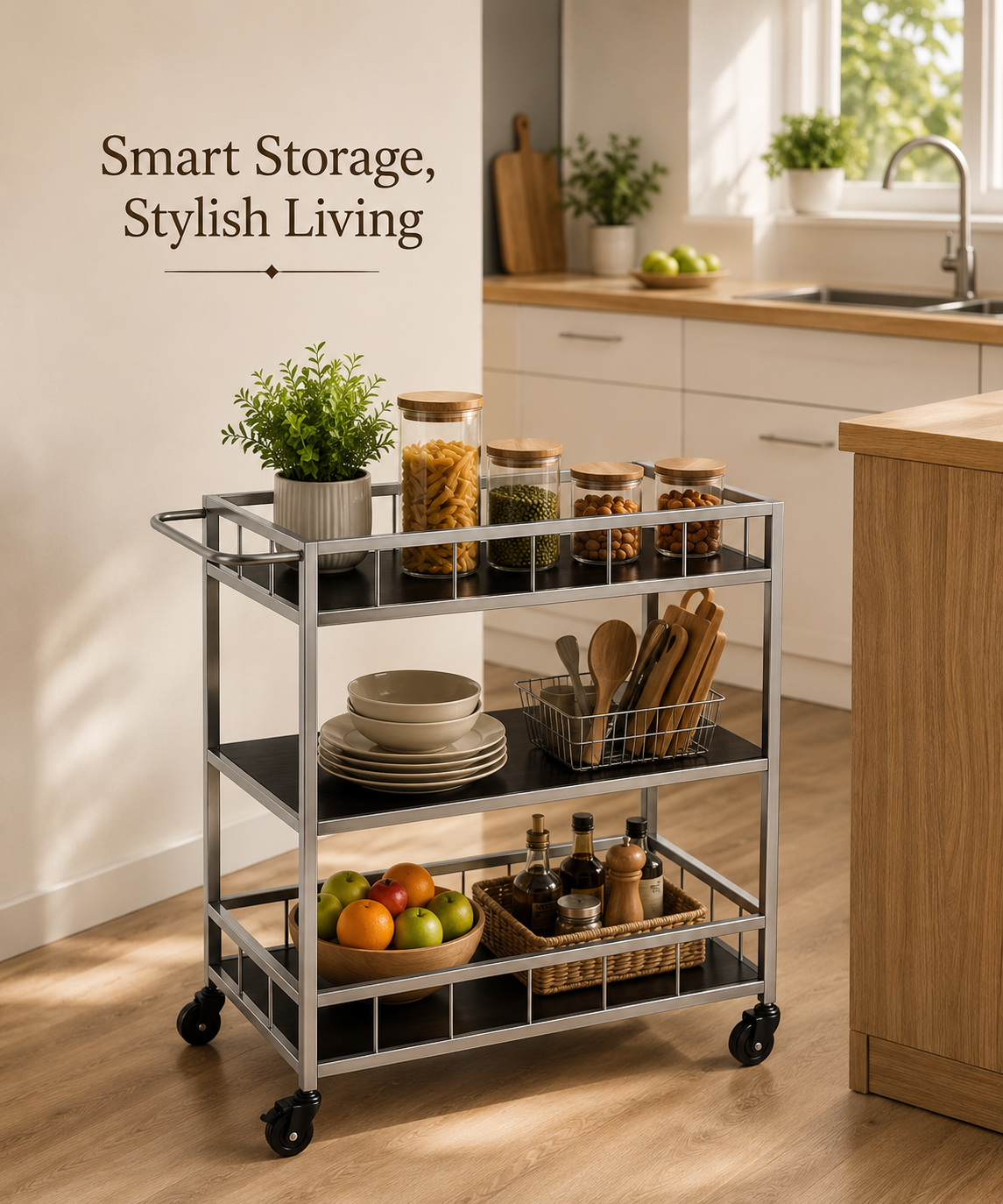3-Tier Utility Trolley with Wheels – Serving and Storage Cart