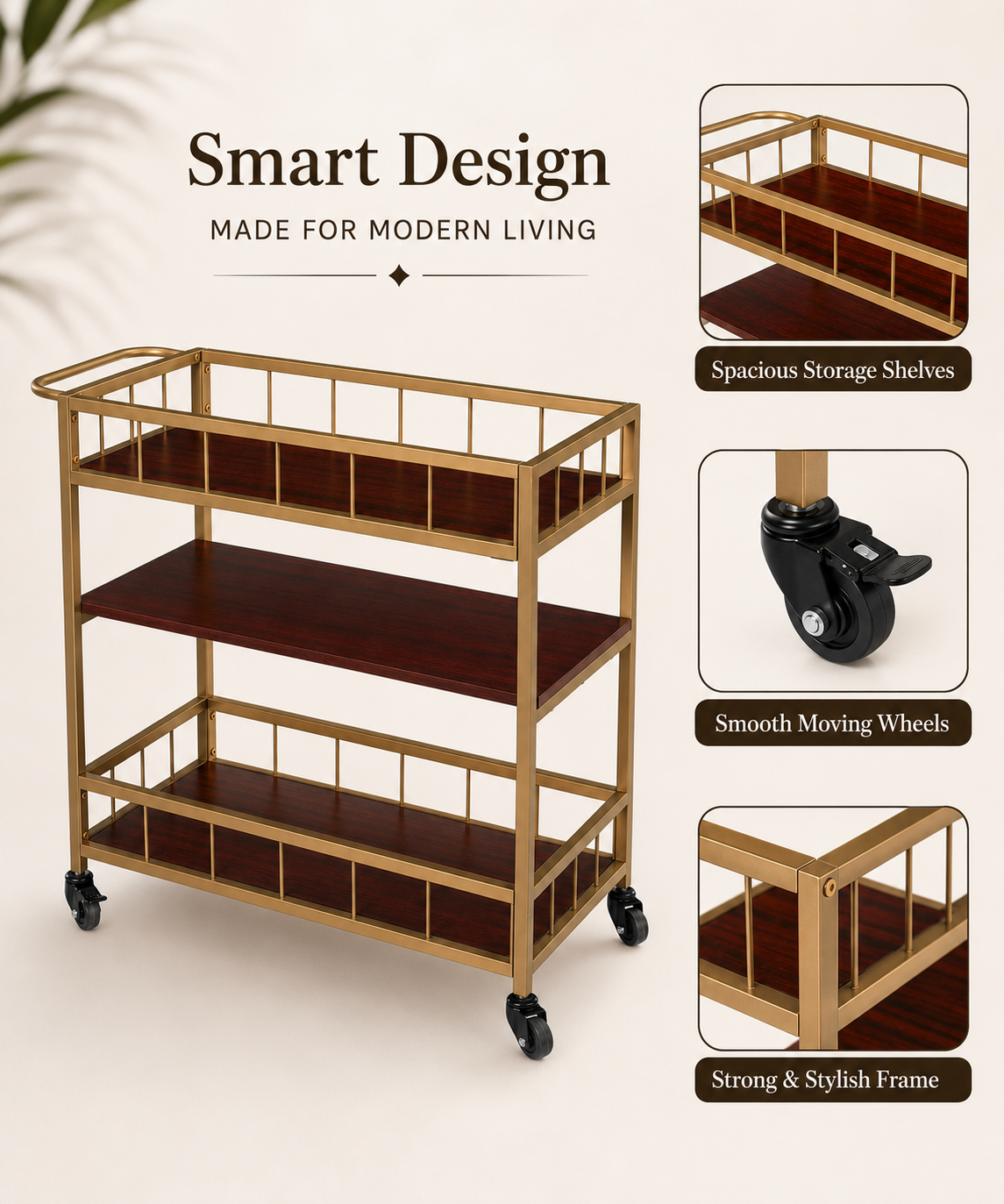 3-Tier Utility Trolley with Wheels – Serving and Storage Cart