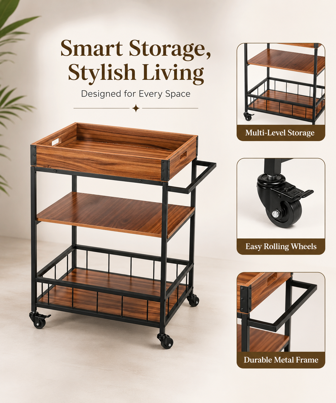 3-Tier Utility Storage Trolley with Wheels