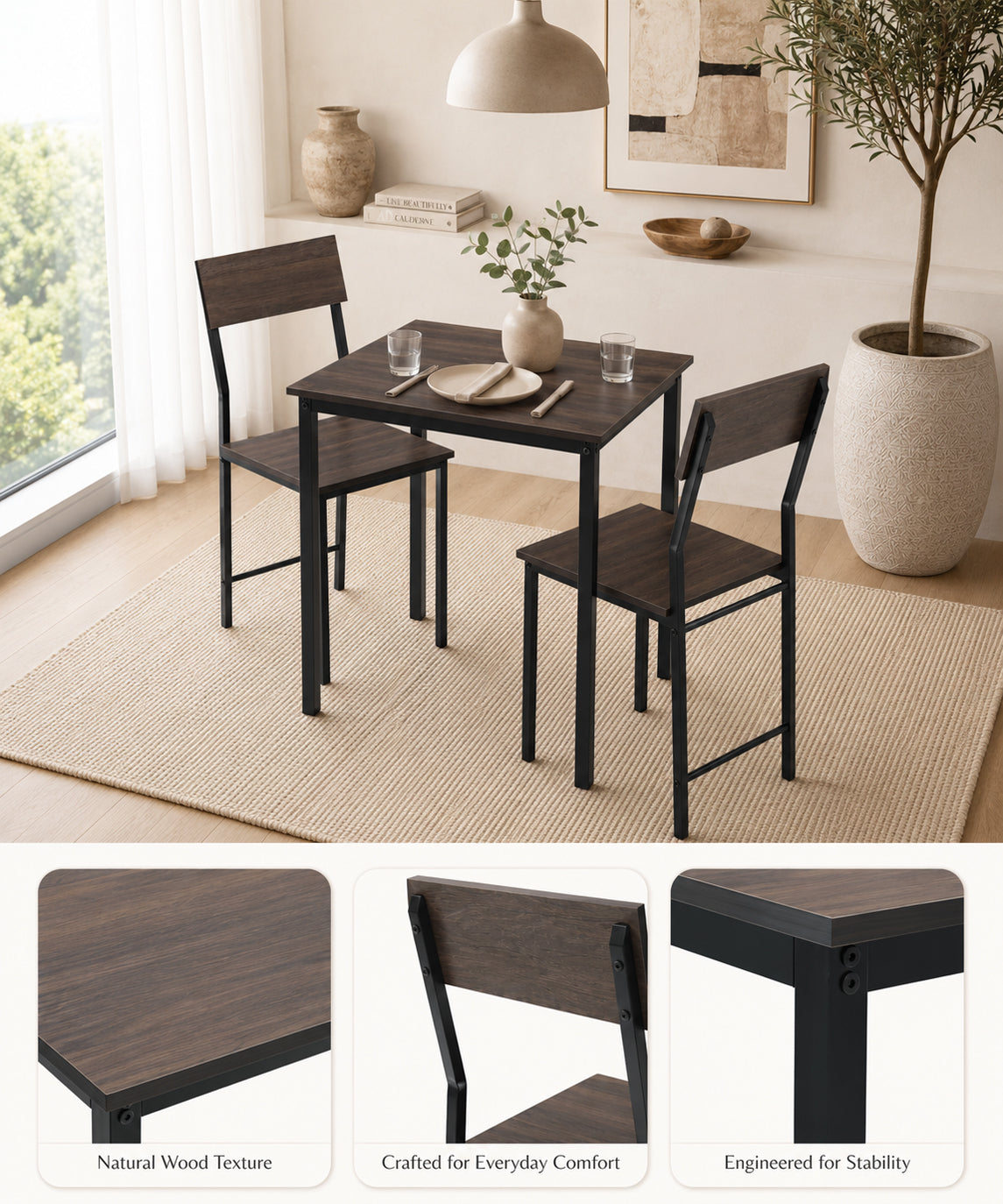 2-Seater Square Dining Table Set with Chairs – Finish Compact Dining Set
