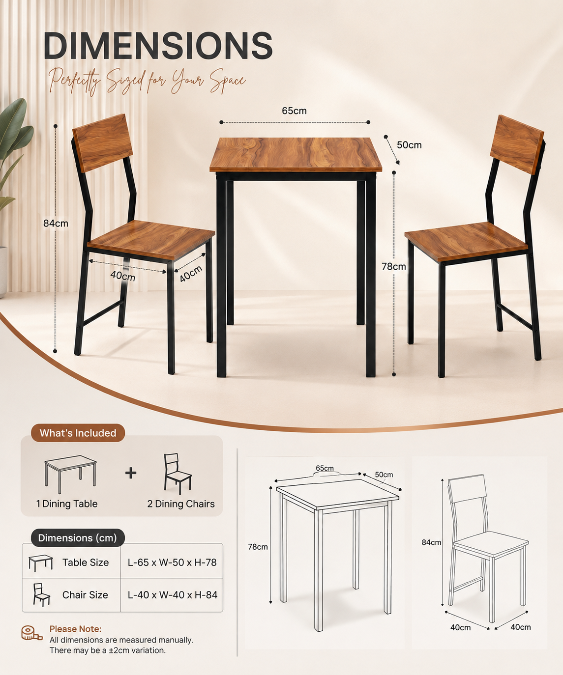 2-Seater Square Dining Table Set with Chairs – Finish Compact Dining Set