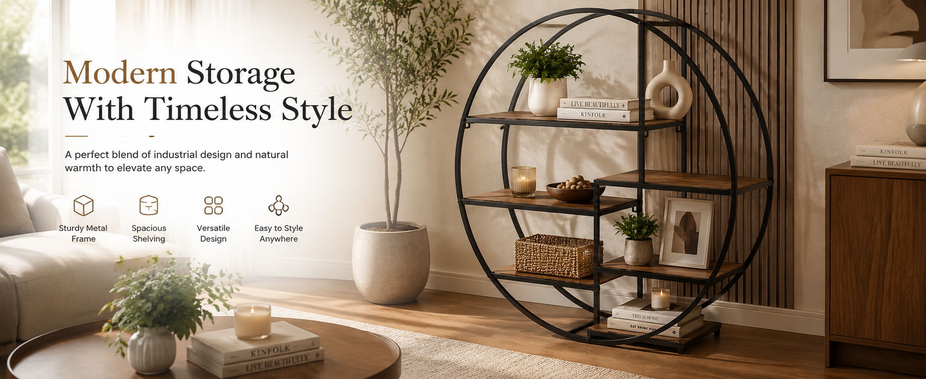 Round Display Shelf Unit with Metal Frame – Storage Shelf
