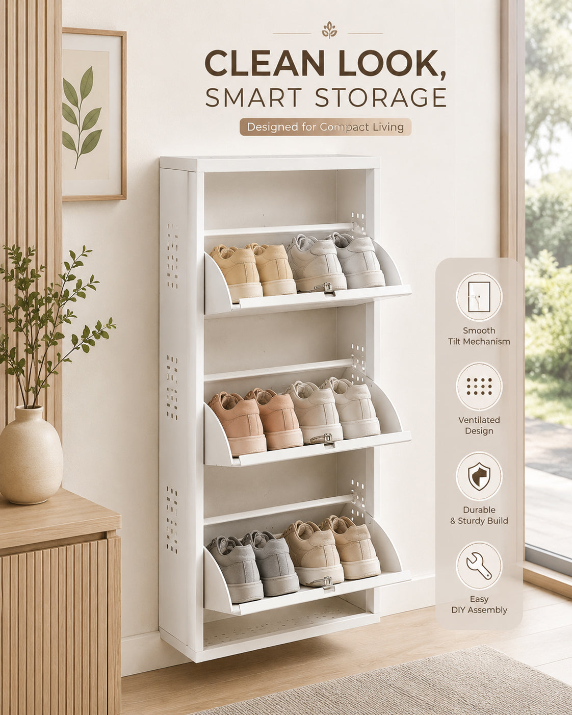 3-Tier Wall-Mounted Metal Vertical Shoe Rack with Slot Storage – Compact Shoe Organizer