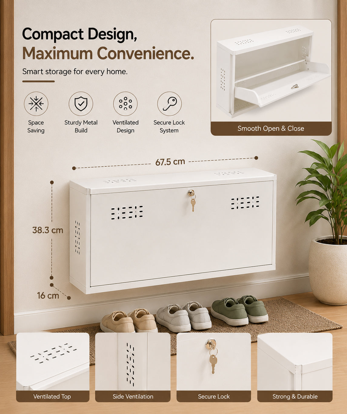 Wall-Mounted Metal Shoe Rack with Storage Ledge – Compact Shoe Organizer