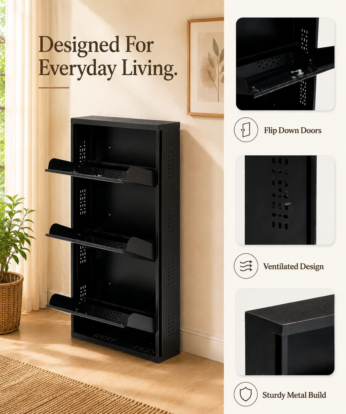 3-Tier Wall-Mounted Metal Vertical Shoe Rack with Slot Storage – Compact Shoe Organizer
