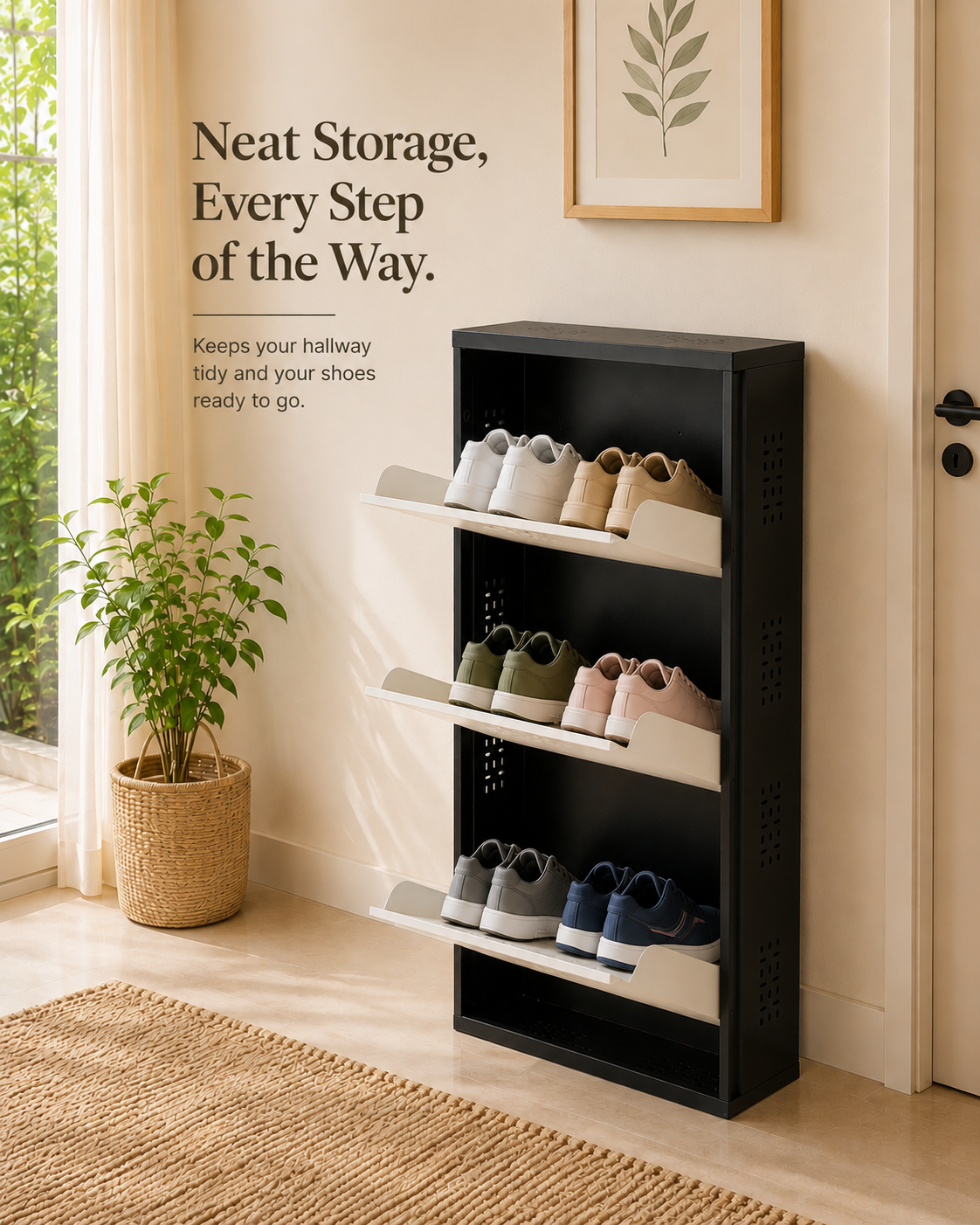 3-Tier Wall-Mounted Metal Vertical Shoe Rack with Slot Storage – Compact Shoe Organizer