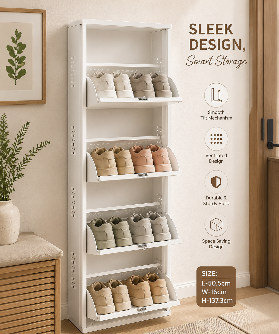 4-Tier Wall-Mounted Vertical Metal Shoe Rack with Slot Storage – Large Shoe Organizer