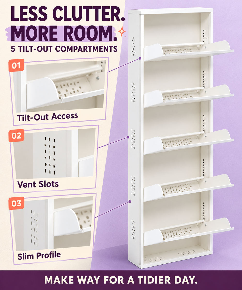 Wall-Mounted Metal Shoe Rack – Slim 5-Tier Space-Saving Entryway Organizer
