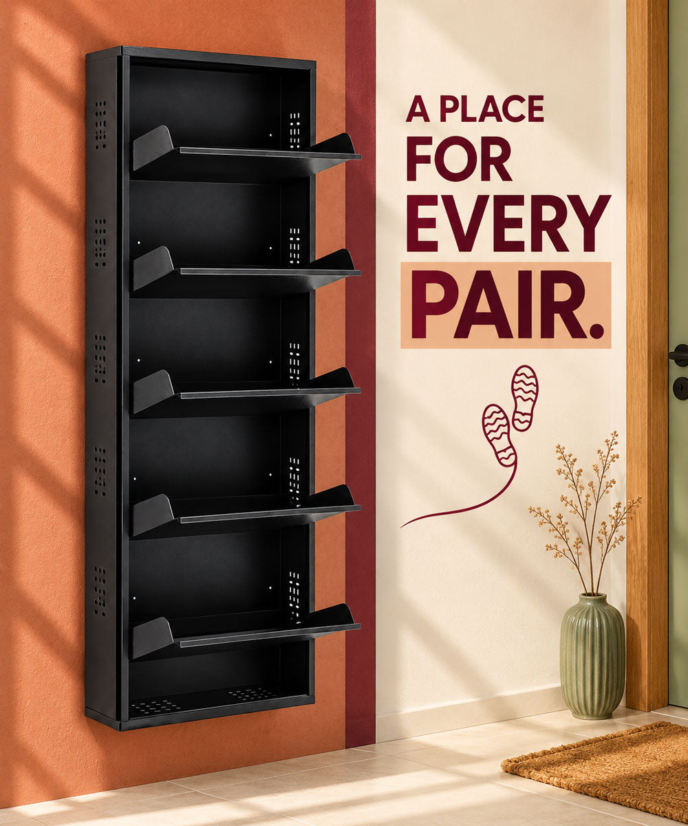 Wall-Mounted Metal Shoe Rack – Slim 5-Tier Space-Saving Entryway Organizer