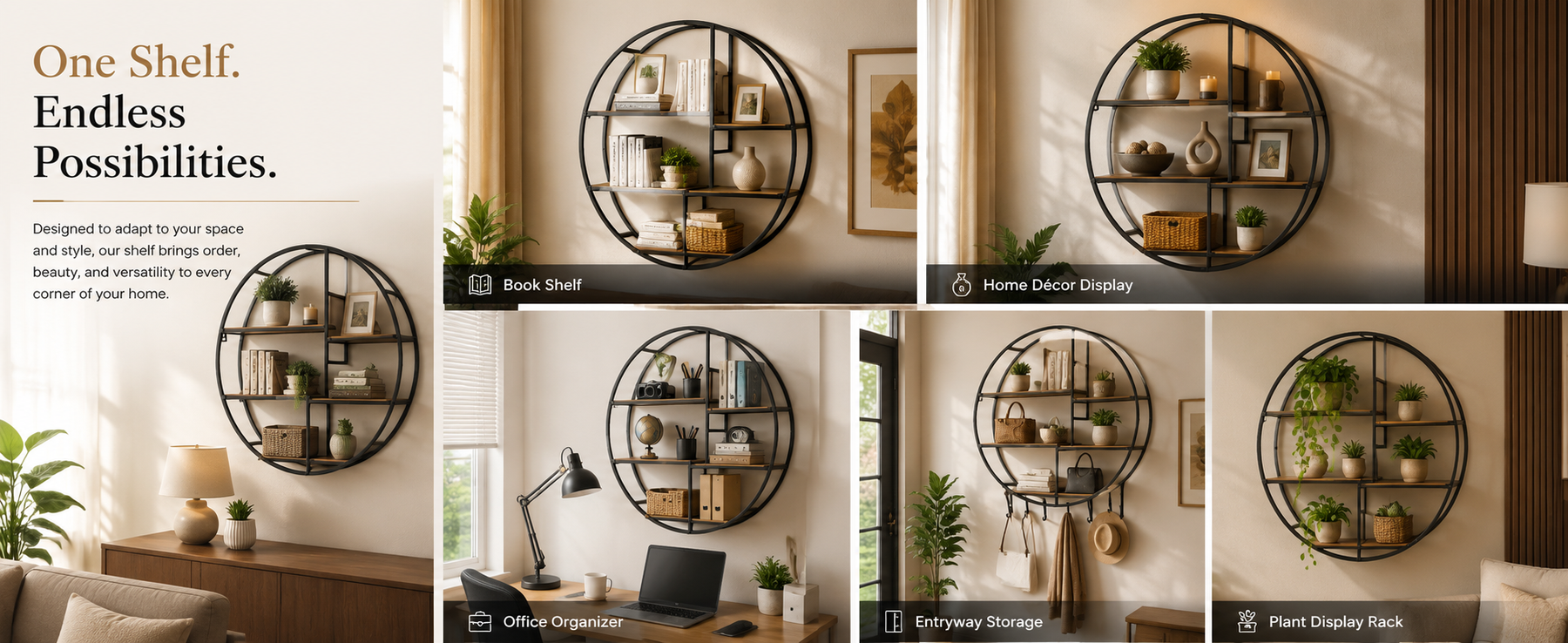Round Display Shelf Unit with Metal Frame – Storage Shelf