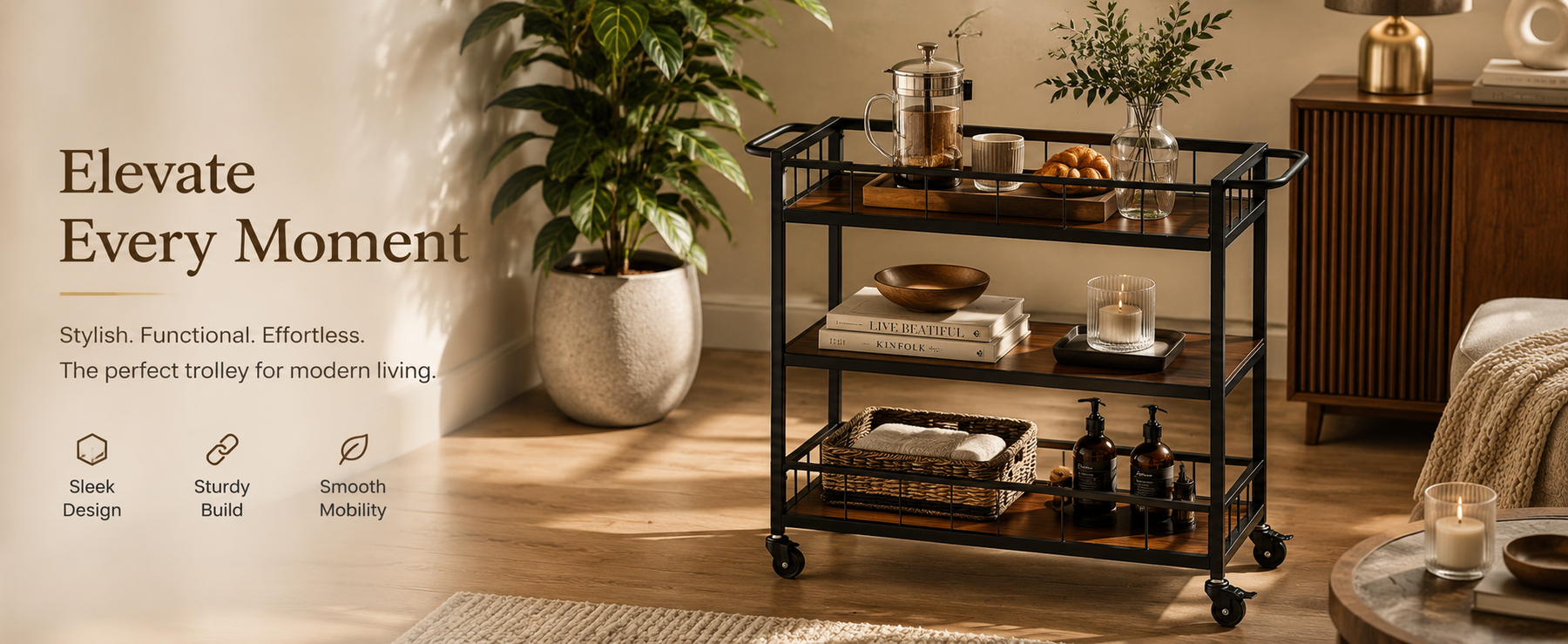 3-Tier Utility Trolley with Wheels – Serving and Storage Cart