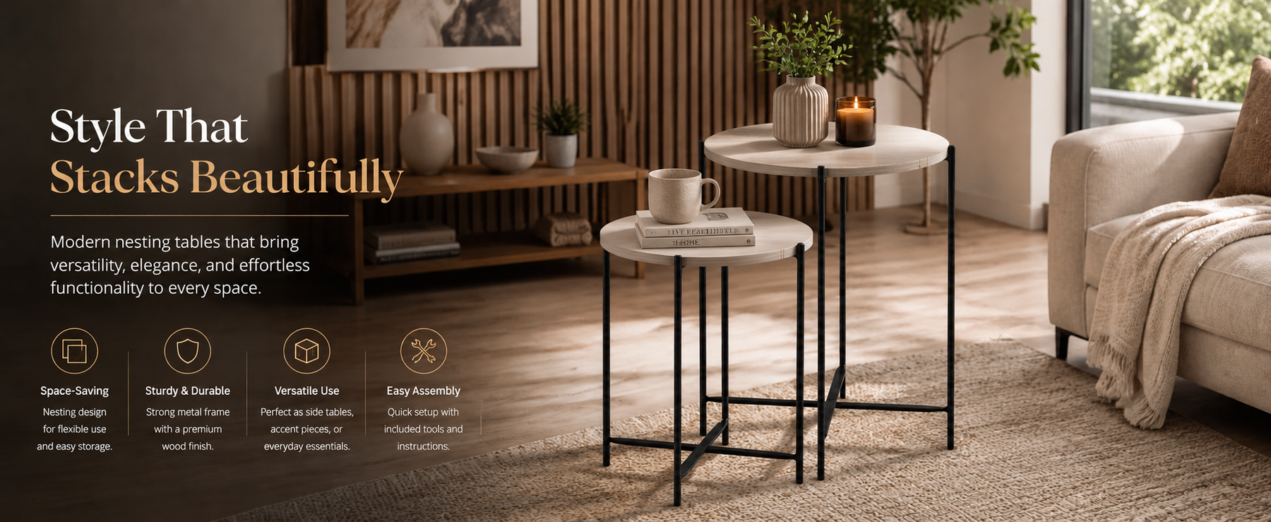 Set of 2 Round Nesting Tables – Finish Coffee & Side Tables with Metal Frame