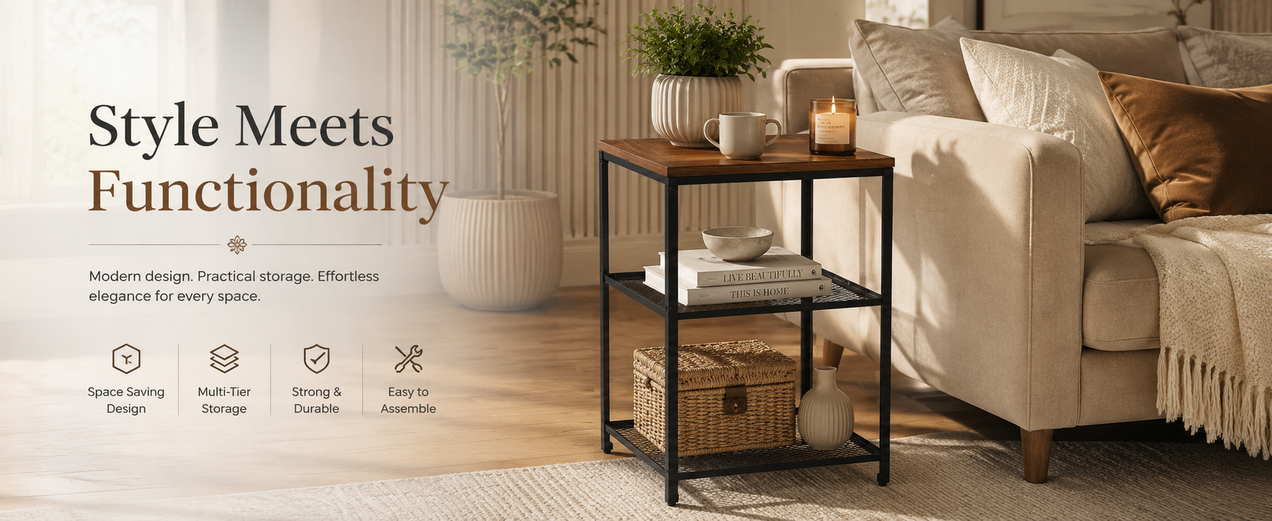 Modern Side Table with Metal Frame –  Table for Living Room & Bedroom