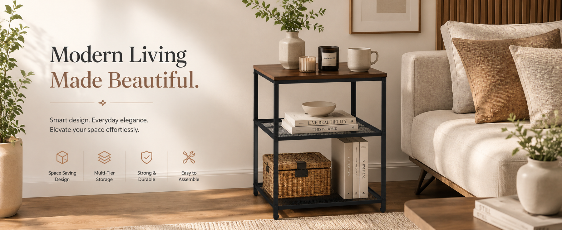 Modern Side Table with Metal Frame –  Table for Living Room & Bedroom