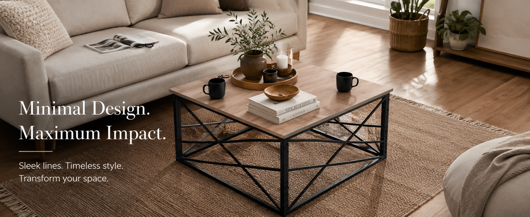 Modern Square Coffee Table with Metal Frame –  Finish Center Table for Living Room