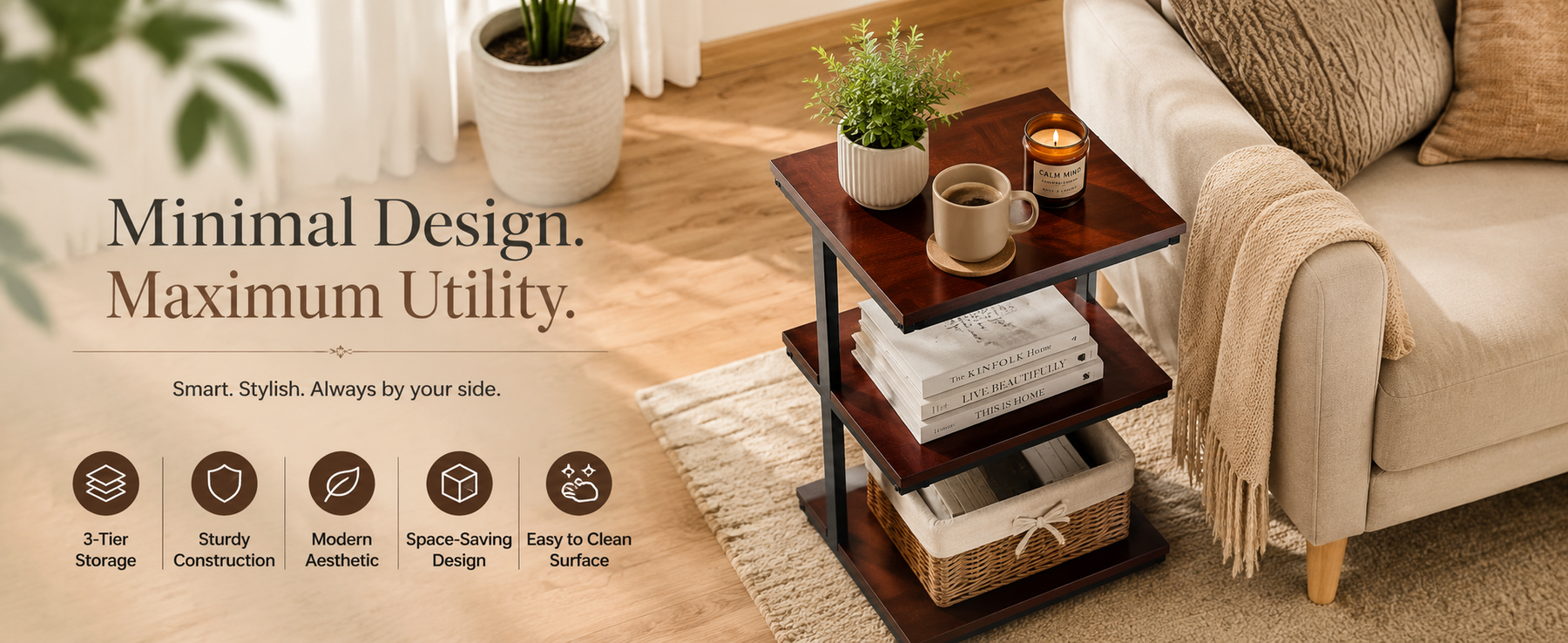 3-Tier Corner Display Shelf with Metal Frame – Mahogany Finish Storage Stand