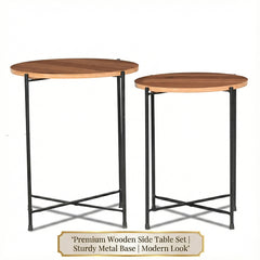 Set of 2 Round Nesting Tables – Finish Coffee & Side Tables with Metal Frame