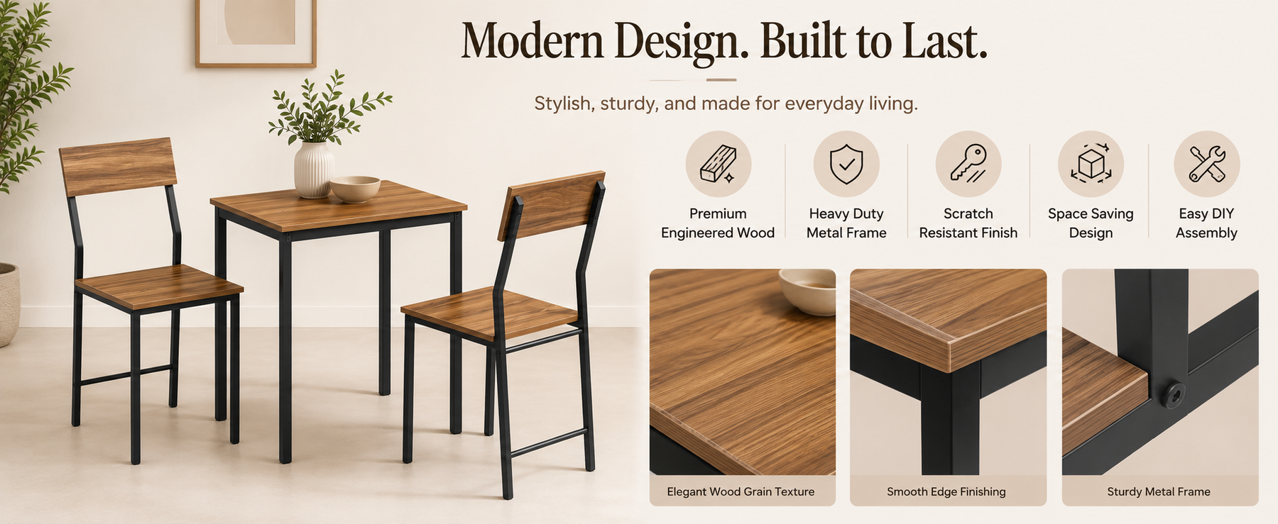 2-Seater Square Dining Table Set with Chairs – Finish Compact Dining Set