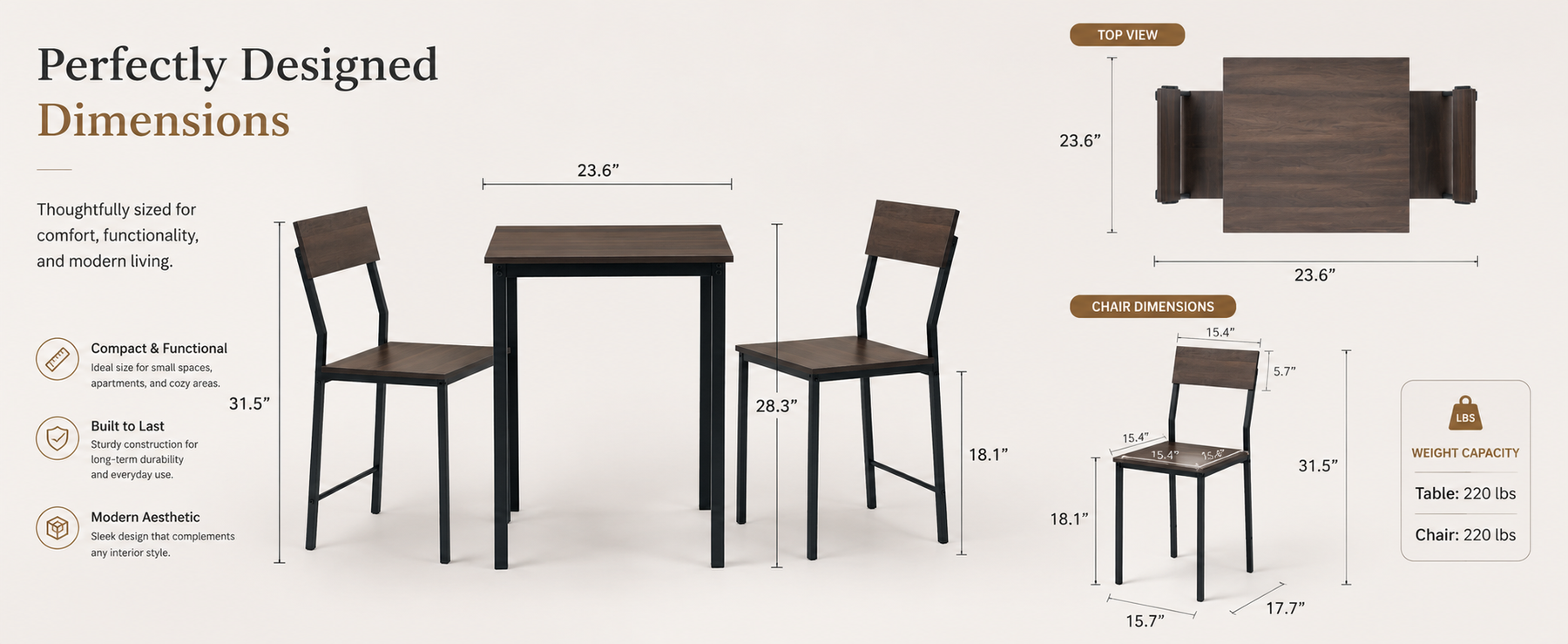 2-Seater Square Dining Table Set with Chairs – Finish Compact Dining Set